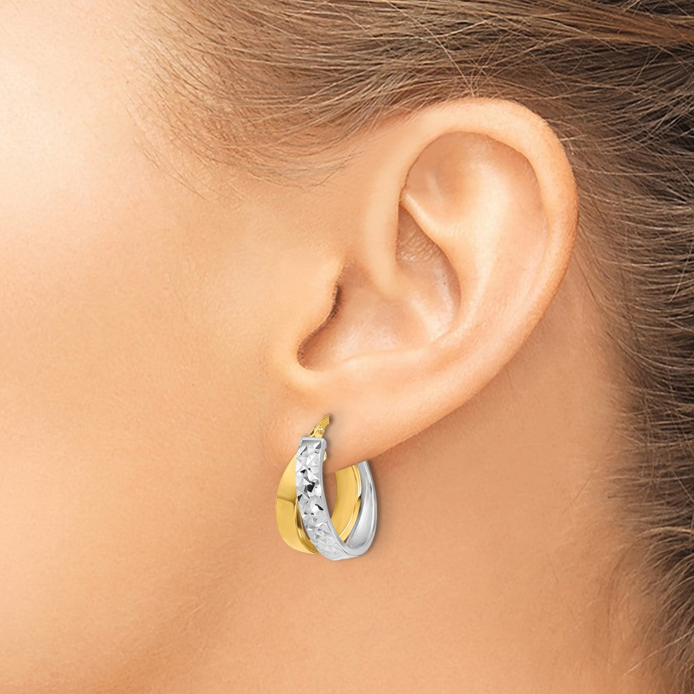 10K Yellow Rhodium White Polished And Diamond Cut Hoop Earrings