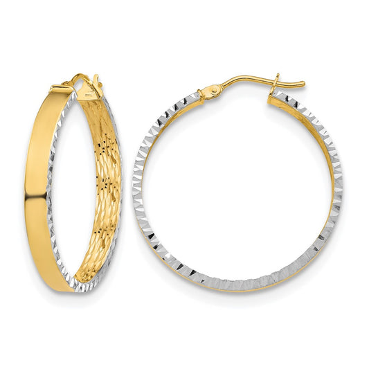 10K Yellow Rhodium W/ White Polished And Diamond Cut Hoop Earrings