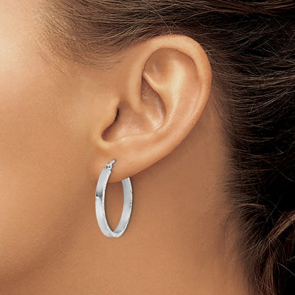 10K White Gold D/C Edge Medium 3mm Polish Hoop Earrings