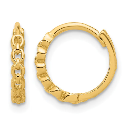 10K Yellow Gold Polished Round Link Pattern Huggie Hoop Earrings