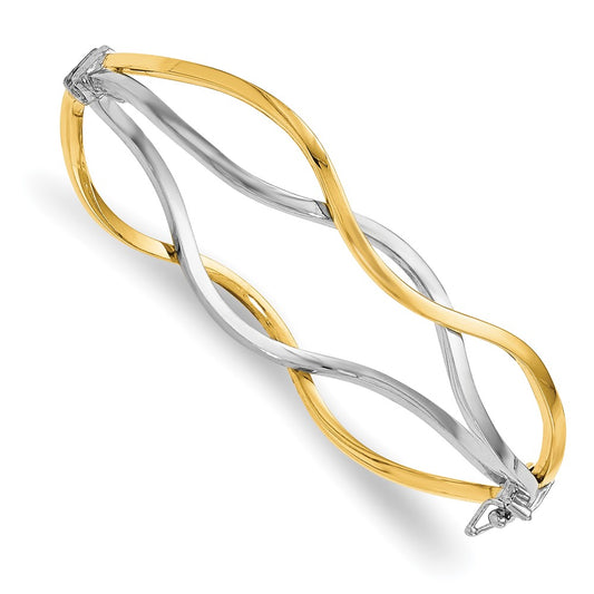 10K Yellow W/Rhodium W/ White Rhodium Polished Twisted Bangle Bracelet