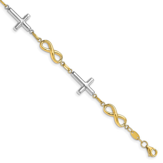 10K Two Tone Polished Cross And Infinity Bracelet