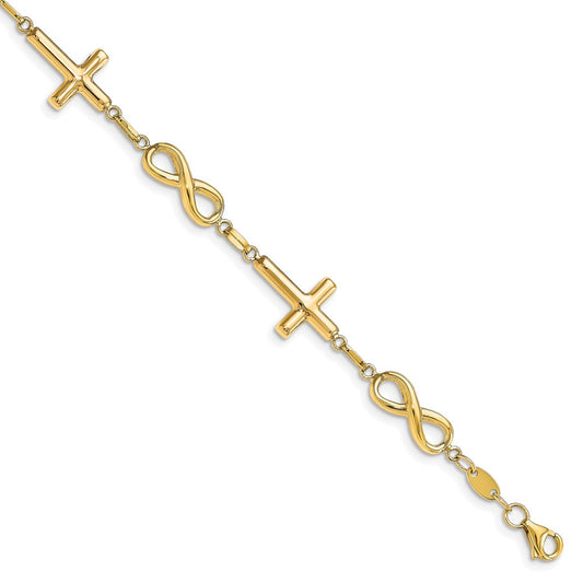 10K Yellow Gold Polished Cross And Infinity Bracelet