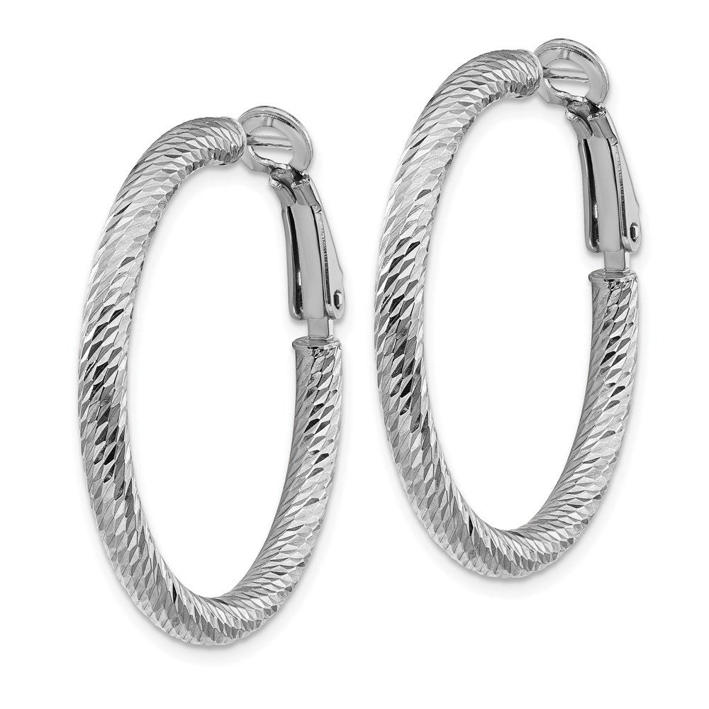 10K White Gold 3X25 Diamond-Cut Round Omega Back Hoop Earrings