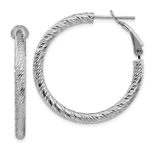 10K White Gold 3X25 Diamond-Cut Round Omega Back Hoop Earrings