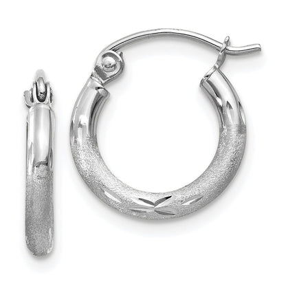 10K White Gold Satin And Diamond-Cut 2mm Round Hoop Earrings