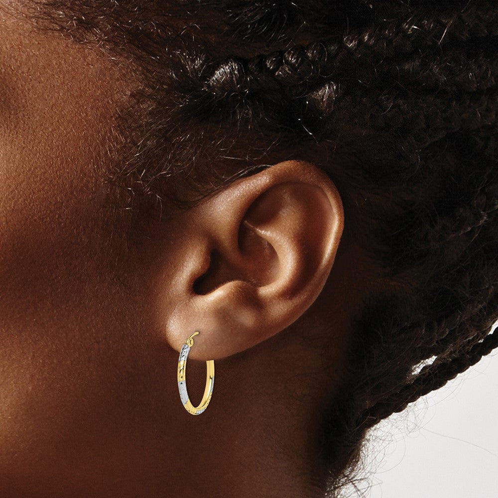 10K Yellow W/Rhodium & Rhodium Diamond Cut Patterned Oval Hoop Earrings