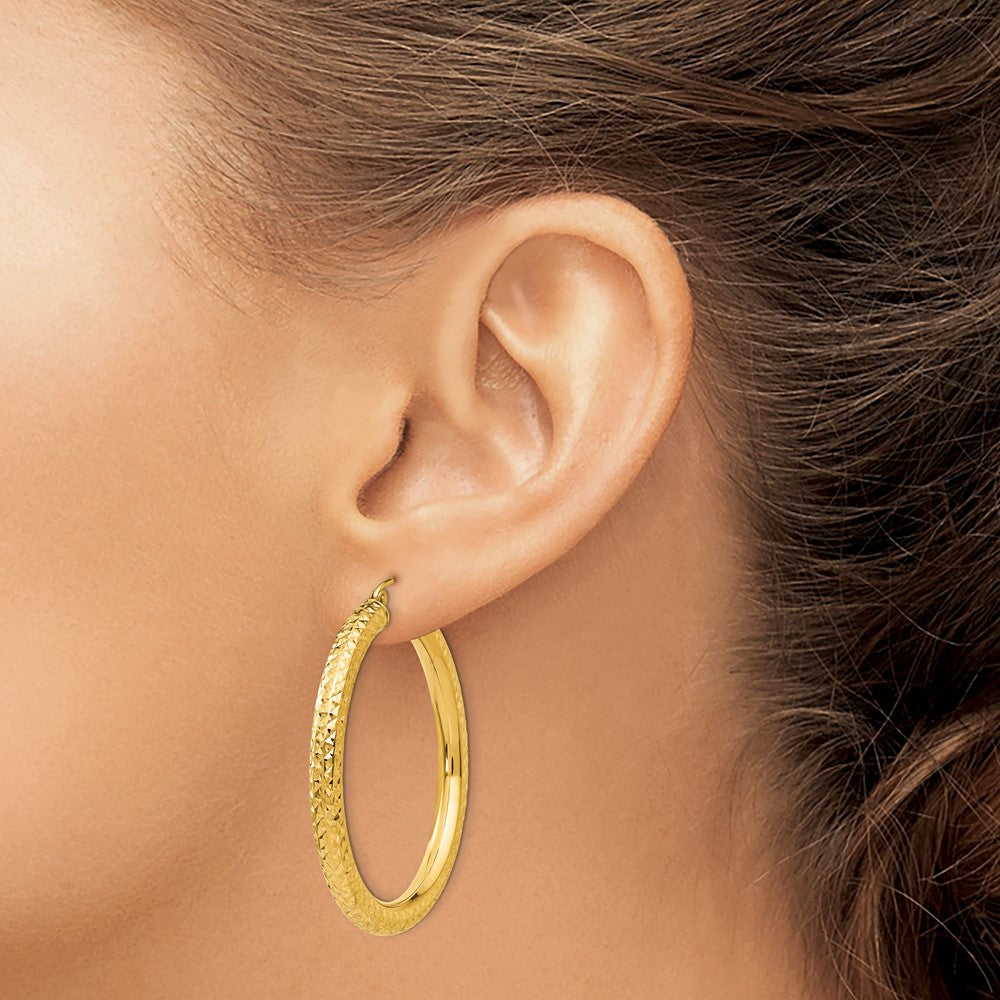 10K Yellow Gold Diamond-Cut 4mm Round Hoop Earrings