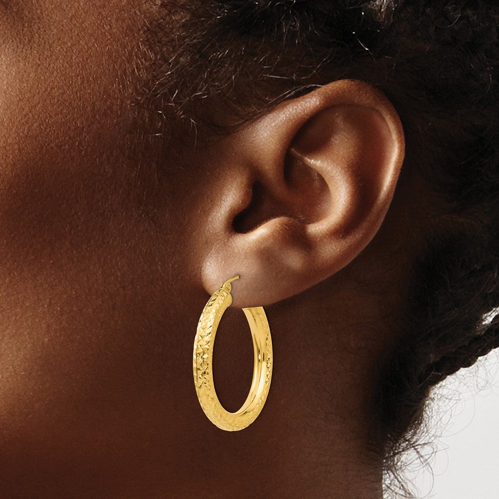 10K Yellow Gold Diamond-Cut 4mm Round Hoop Earrings