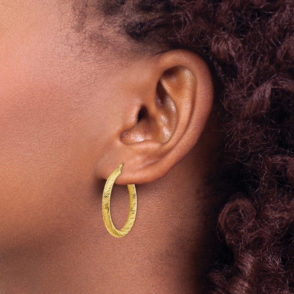 10K Yellow Gold 3X20 Diamond-Cut Round Hoop Earrings