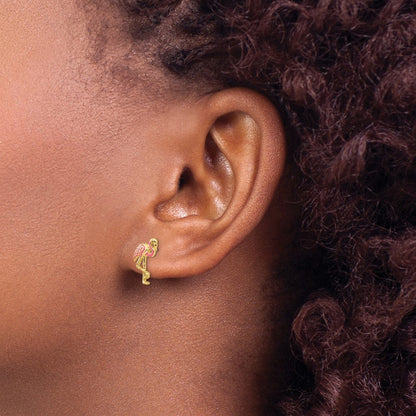 10K Yellow Gold Pink Enameled Flamingo Post Earrings