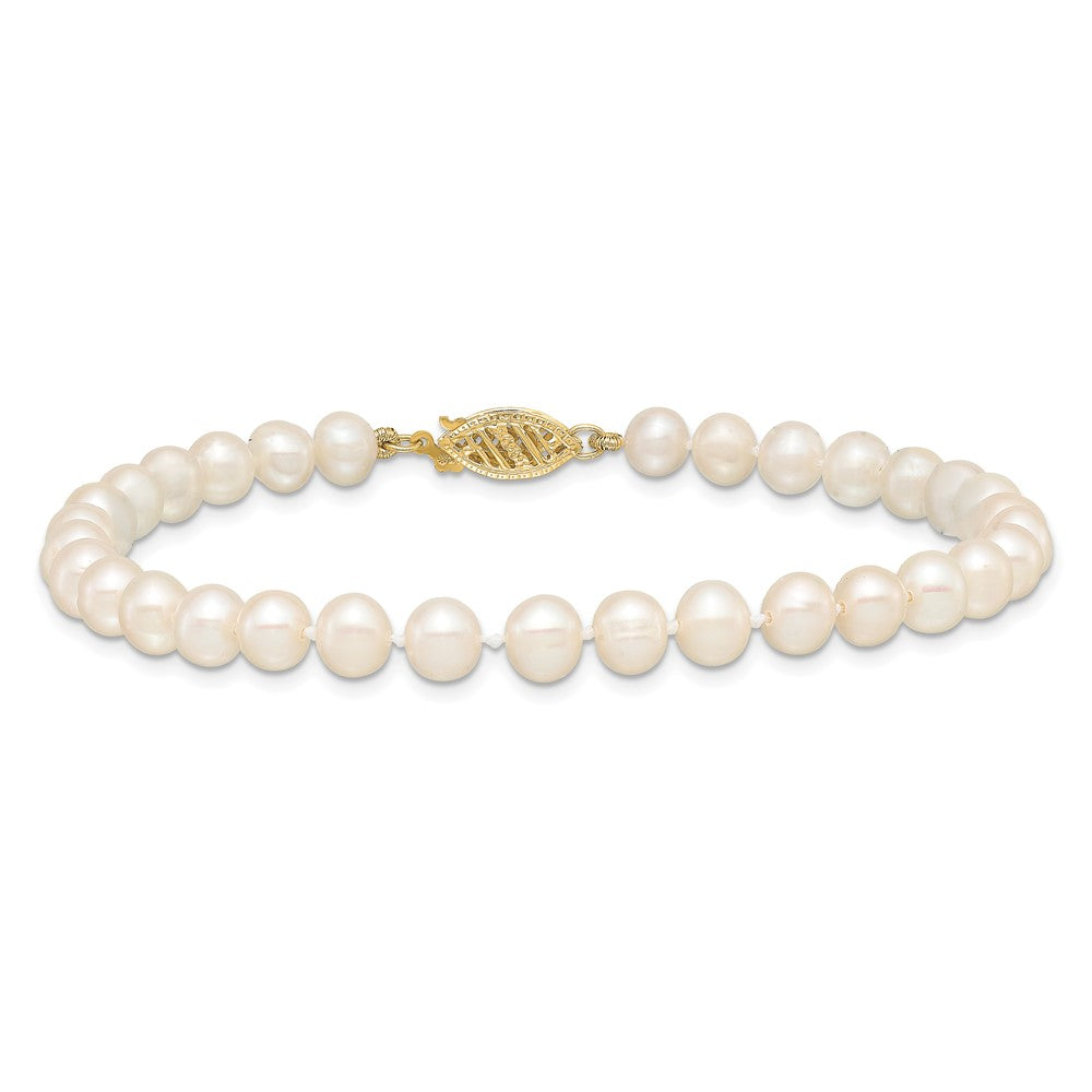 10K Yellow Gold 5-6mm White Near-Round Freshwater Cultured Pearl 7.5 Inch Bracelet