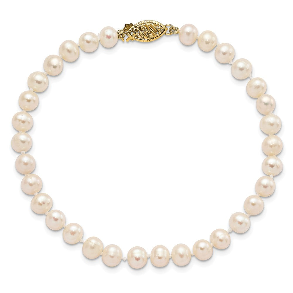 10K Yellow Gold 5-6mm White Near-Round Freshwater Cultured Pearl 7.5 Inch Bracelet