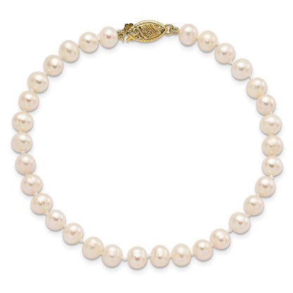 10K Yellow Gold 5-6mm White Near-Round Freshwater Cultured Pearl 7.5 Inch Bracelet