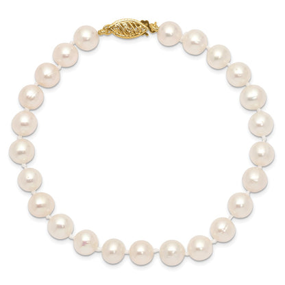 10K Yellow Gold 6-7mm White Near-Round Freshwater Cultured Pearl 7.5 Inch Bracelet