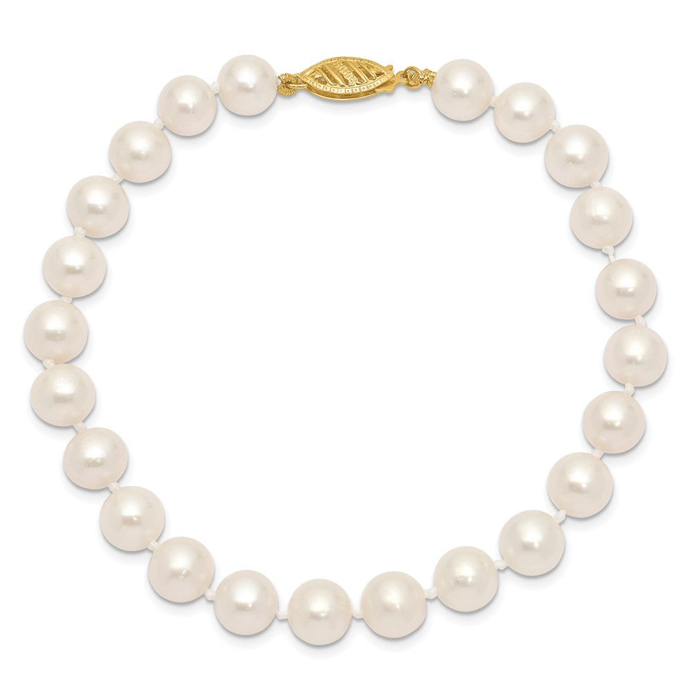 10K Yellow Gold 7-8mm White Near-Round Freshwater Cultured Pearl 7.5 Inch Bracelet