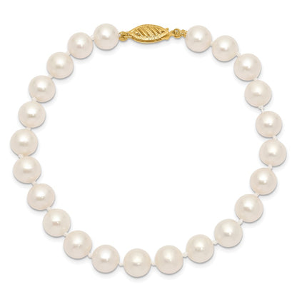 10K Yellow Gold 7-8mm White Near-Round Freshwater Cultured Pearl 7.5 Inch Bracelet