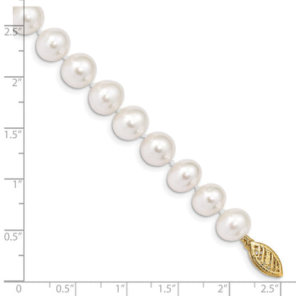 10K Yellow Gold 8-9mm White Near Round Freshwater Cultured Pearl 7.5 Inch Bracelet