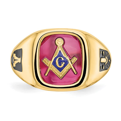10k Yellow Gold Men's Polished and Textured with Black Enamel and Lab Created Ruby Masonic Ring