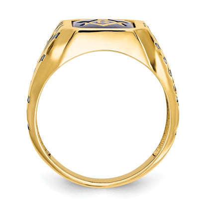 10k Yellow Gold Men's Polished, Antiqued and Grooved with Imitation Blue Spinel Masonic Ring