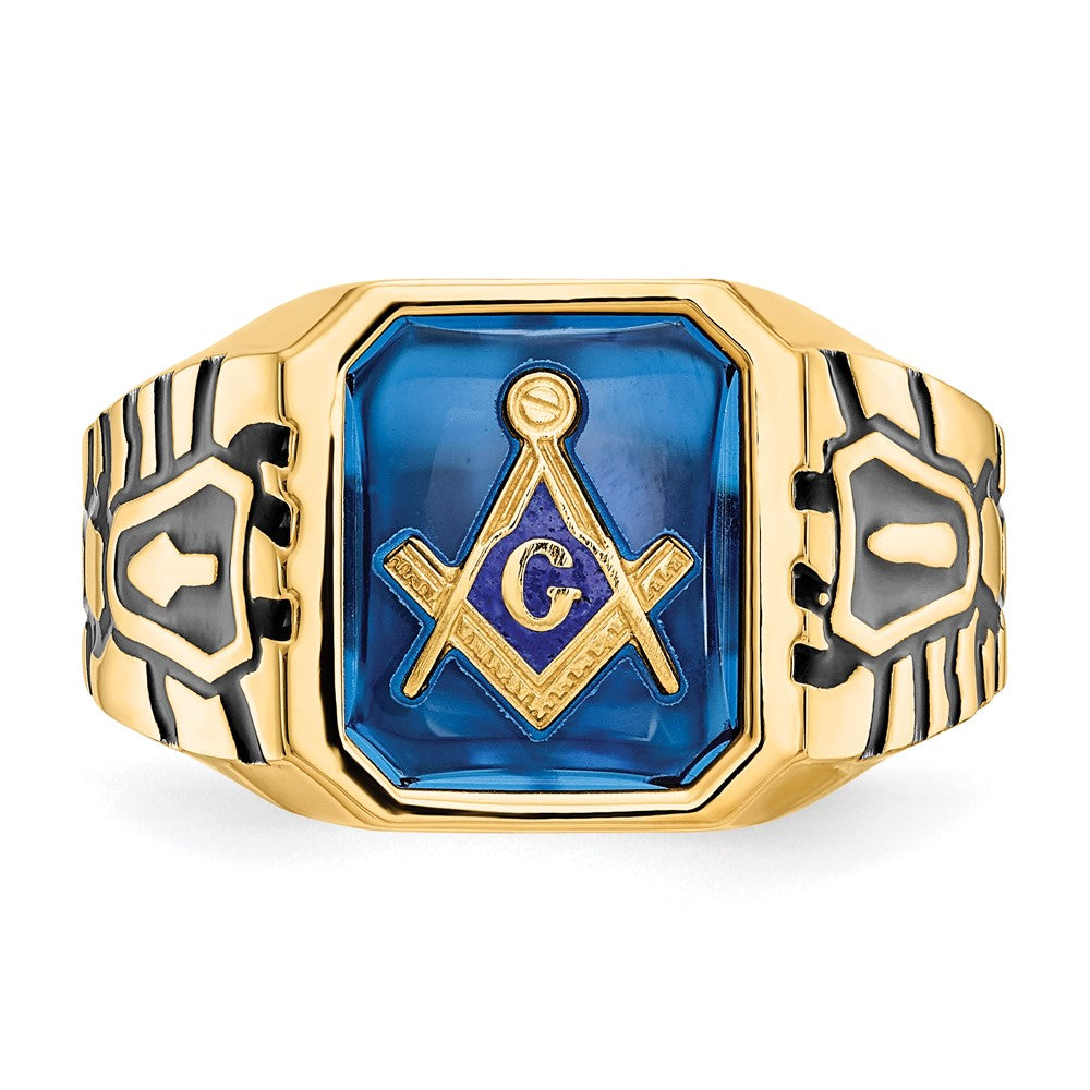 10k Yellow Gold Men's Polished, Antiqued and Grooved with Imitation Blue Spinel Masonic Ring