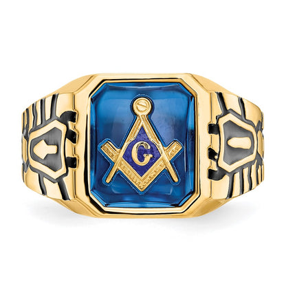 10k Yellow Gold Men's Polished, Antiqued and Grooved with Imitation Blue Spinel Masonic Ring