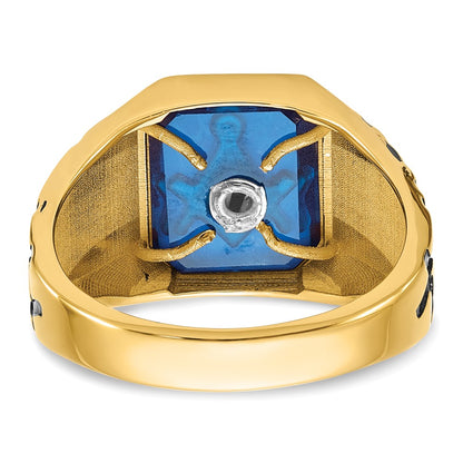 10k Yellow Gold Men's Polished, Antiqued and Grooved with Imitation Blue Spinel Masonic Ring