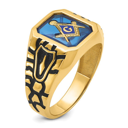 10k Yellow Gold Men's Polished, Antiqued and Grooved with Imitation Blue Spinel Masonic Ring