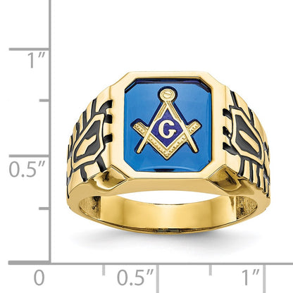 10k Yellow Gold Men's Polished, Antiqued and Grooved with Imitation Blue Spinel Masonic Ring