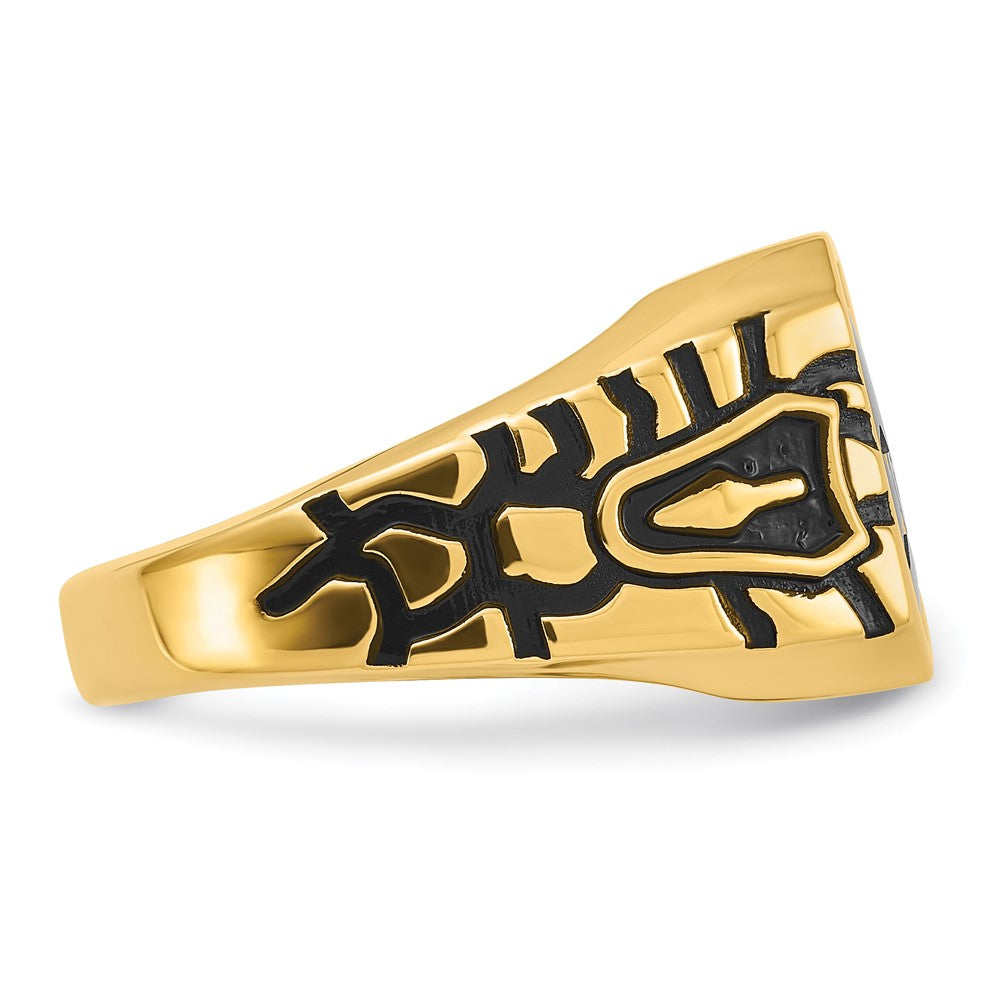 10k Yellow Gold Men's Polished, Antiqued and Grooved with Imitation Blue Spinel Masonic Ring
