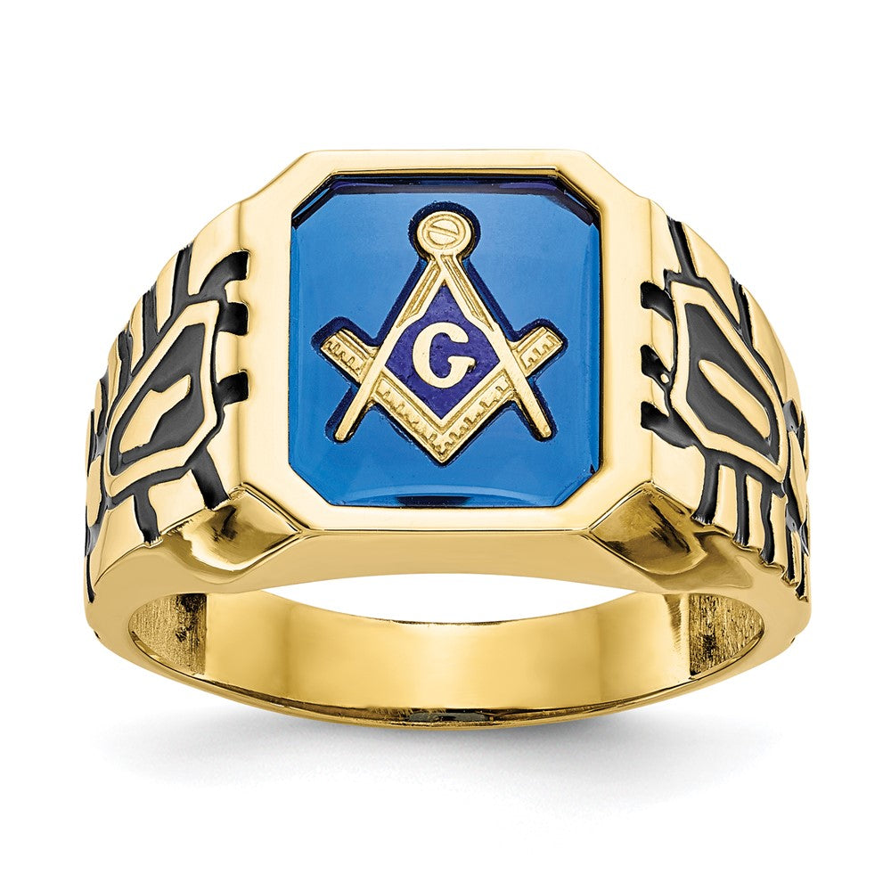 10k Yellow Gold Men's Polished, Antiqued and Grooved with Imitation Blue Spinel Masonic Ring
