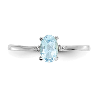 14K White Gold Polished Geniune Real Diamond & Aquamarine Birthstone Ring
