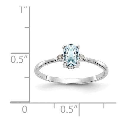 14K White Gold Polished Geniune Real Diamond & Aquamarine Birthstone Ring