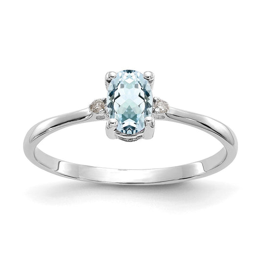 14K White Gold Polished Geniune Real Diamond & Aquamarine Birthstone Ring