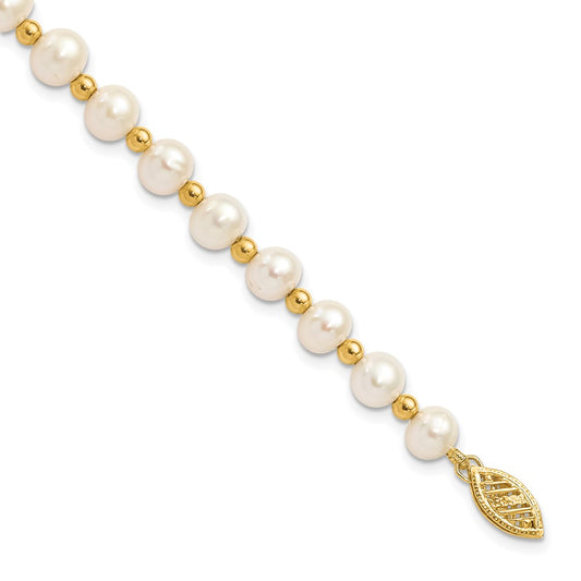 10K Yellow Gold 6-7mm White Near Round Freshwater Cultured Pearl Beaded 7 Inch Bracelet