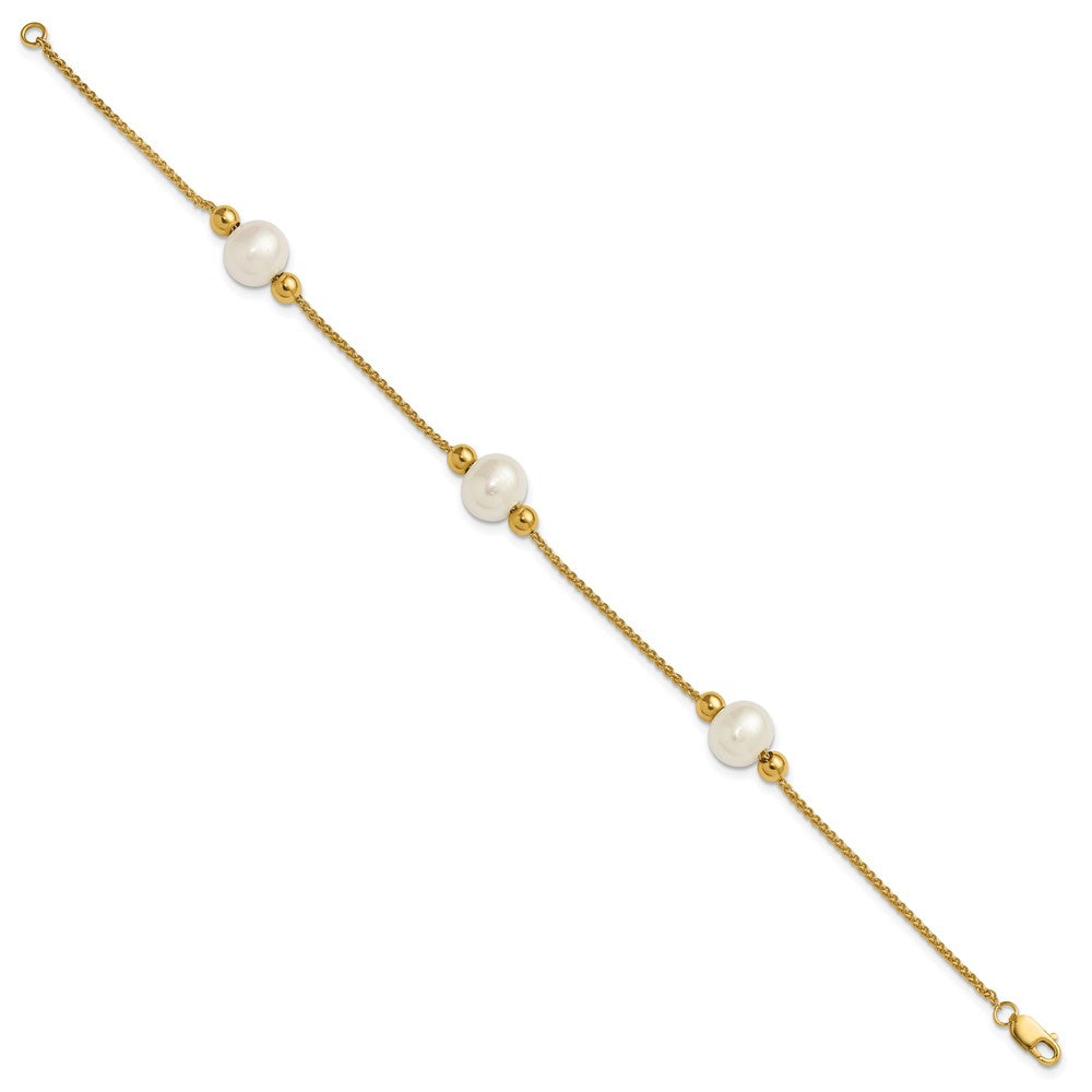 10K Yellow Gold Polished 8-9mm Semi-Round White Freshwater Cultured Pearl 3-Station 7.5 Inch Bracelet