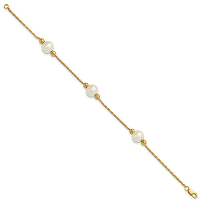 10K Yellow Gold Polished 8-9mm Semi-Round White Freshwater Cultured Pearl 3-Station 7.5 Inch Bracelet