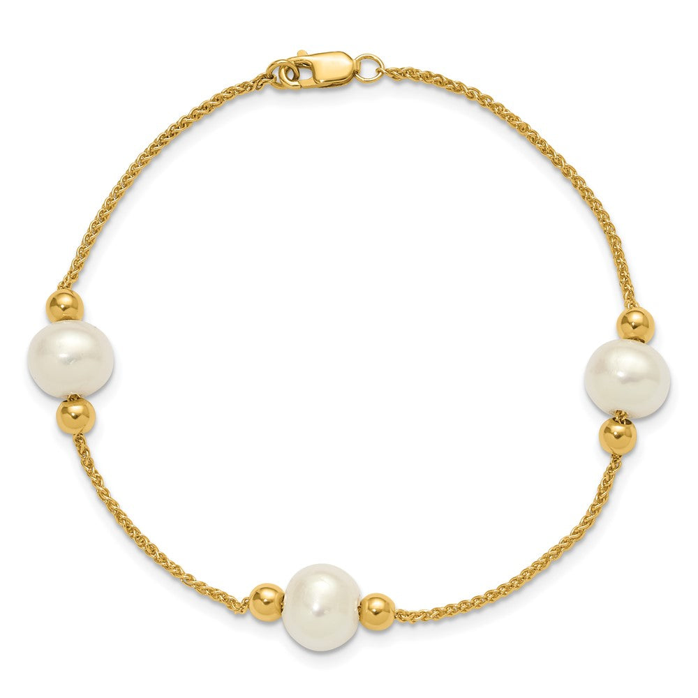 10K Yellow Gold Polished 8-9mm Semi-Round White Freshwater Cultured Pearl 3-Station 7.5 Inch Bracelet