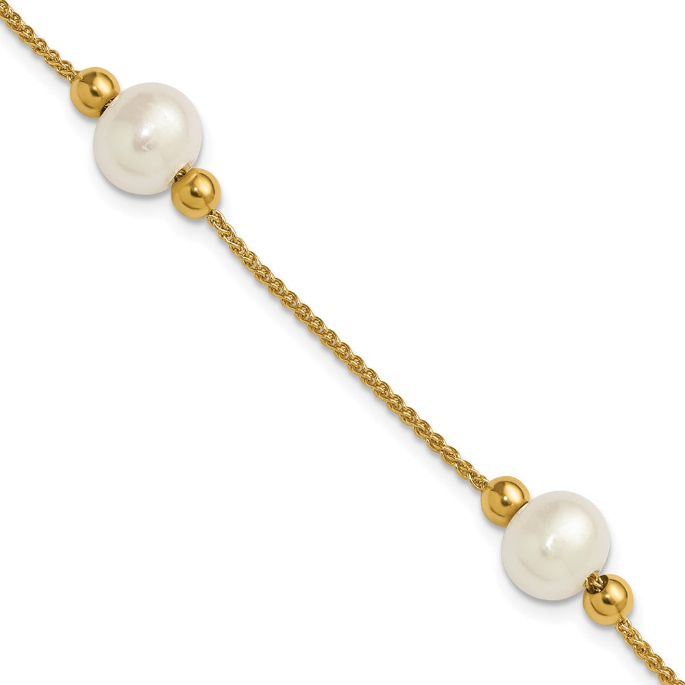 10K Yellow Gold Polished 8-9mm Semi-Round White Freshwater Cultured Pearl 3-Station 7.5 Inch Bracelet