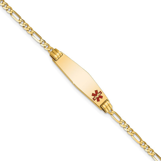 10K Yellow Gold Medical Soft Diamond Shape Red Enamel Figaro Id Chain Bracelet