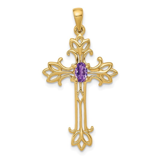 10K Yellow Gold 10K Polished Amethyst Cross Pendant