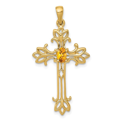 10K Yellow Gold 5X3mm Oval Citrine Cross Pendant