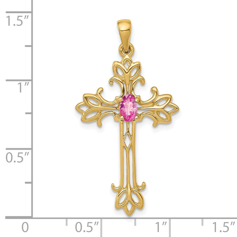 10K Yellow Gold 5X3mm Oval Pink Sapphire Cross Pendant