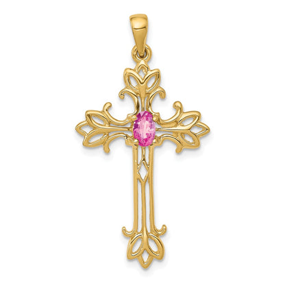 10K Yellow Gold 5X3mm Oval Pink Sapphire Cross Pendant