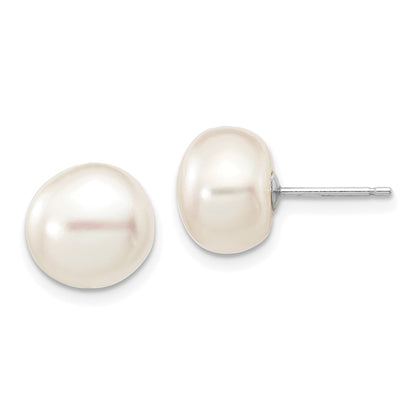 10K White Gold 9-10mm Button Freshwater Cultured Pearl Stud Post Earrings