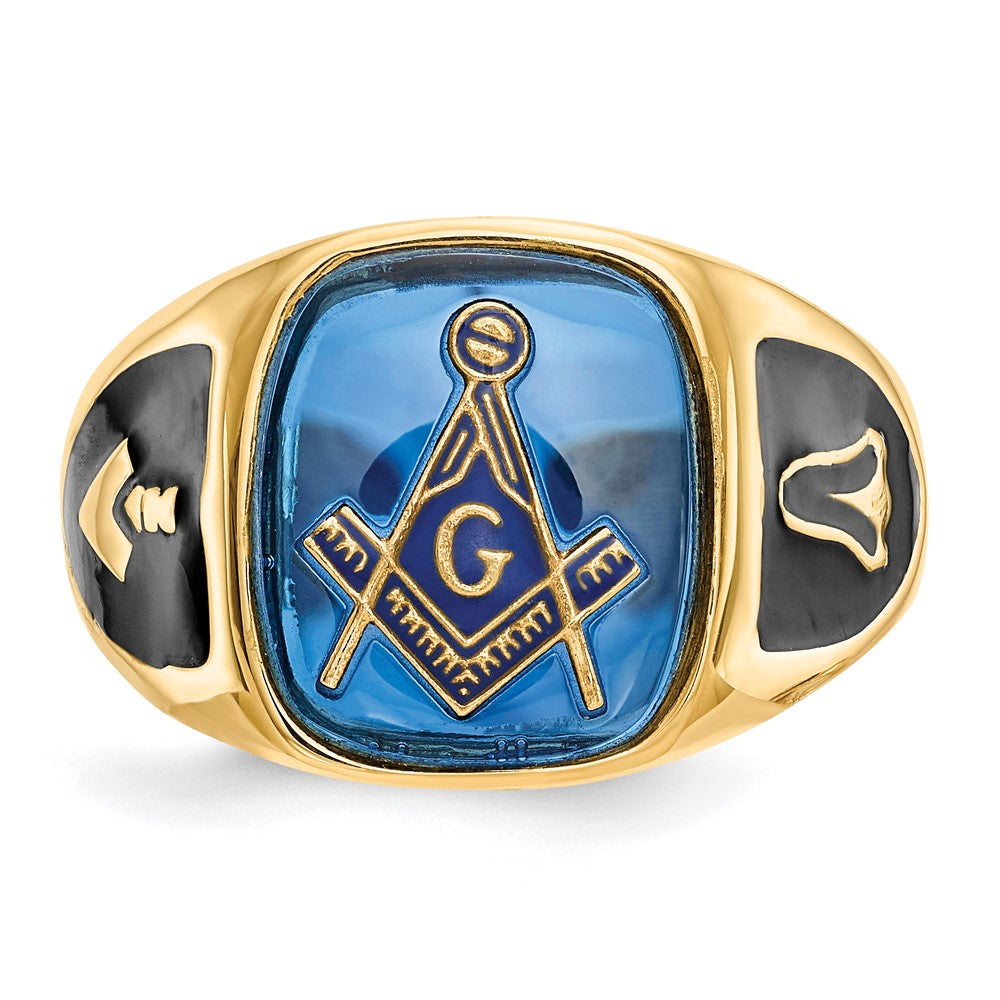 10K Yellow Gold Men'S Polished, Antiqued And Textured With Imitation Blue Spinel Masonic Ring