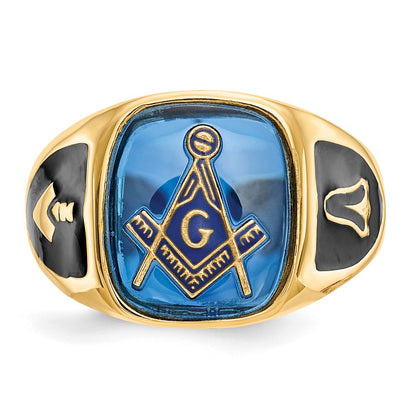 10K Yellow Gold Men'S Polished, Antiqued And Textured With Imitation Blue Spinel Masonic Ring