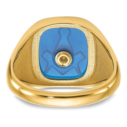 10K Yellow Gold Men'S Polished, Antiqued And Textured With Imitation Blue Spinel Masonic Ring