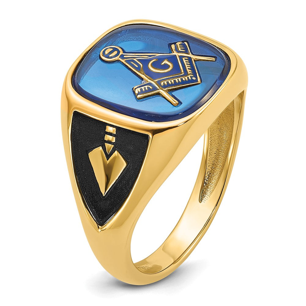 10K Yellow Gold Men'S Polished, Antiqued And Textured With Imitation Blue Spinel Masonic Ring
