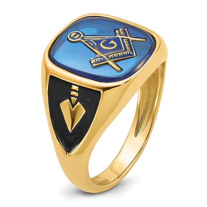 10K Yellow Gold Men'S Polished, Antiqued And Textured With Imitation Blue Spinel Masonic Ring